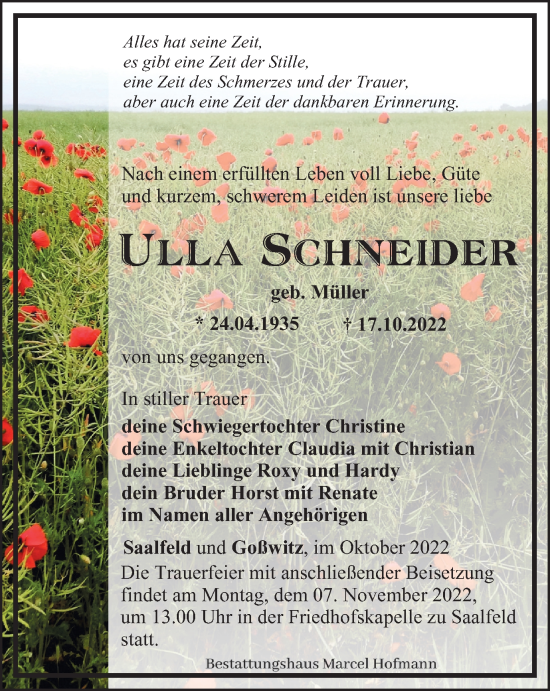 Traueranzeige von Ulla Schneider von Ostthüringer Zeitung