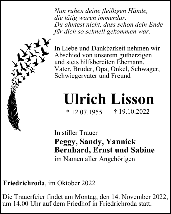 Traueranzeige von Ulrich Lisson von Thüringer Allgemeine, Thüringische Landeszeitung