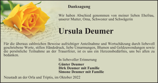 Traueranzeige von Ursula Deumer