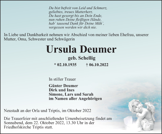 Traueranzeige von Ursula Deumer