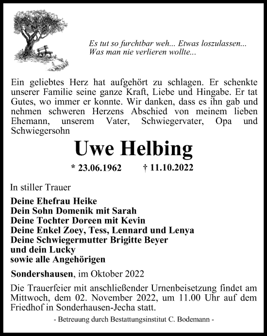 Traueranzeige von Uwe Helbing