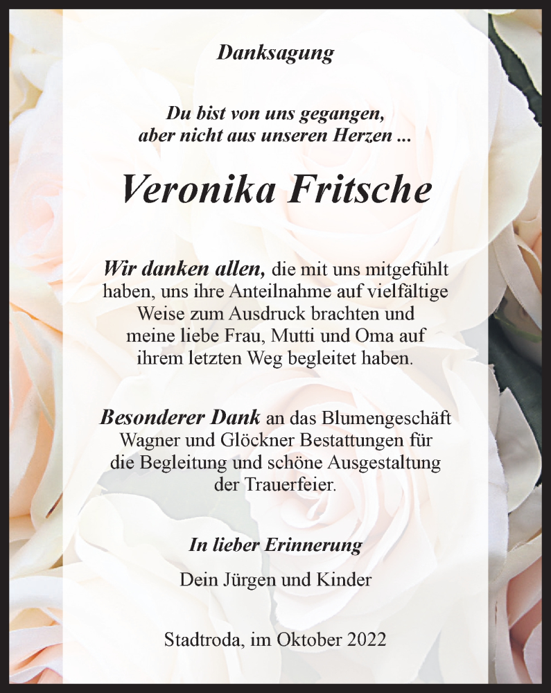  Traueranzeige für Veronika Fritsche vom 22.10.2022 aus Ostthüringer Zeitung