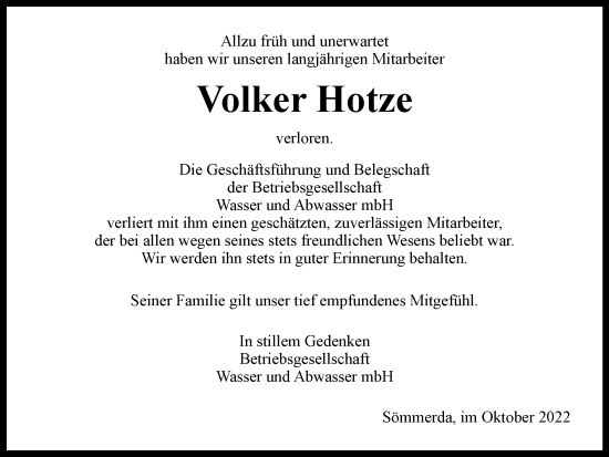 Traueranzeige von Volker Hotze von Thüringer Allgemeine