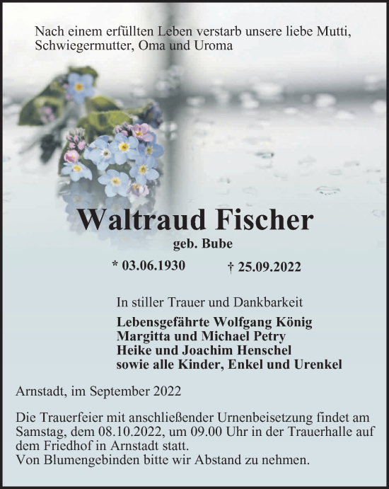 Traueranzeige von Waltraud Fischer von Thüringer Allgemeine