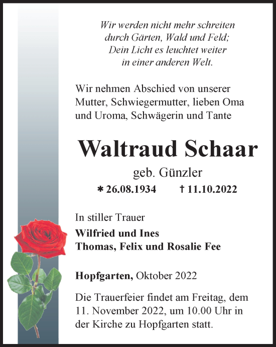 Traueranzeige von Waltraud Schaar von Thüringer Allgemeine, Thüringische Landeszeitung