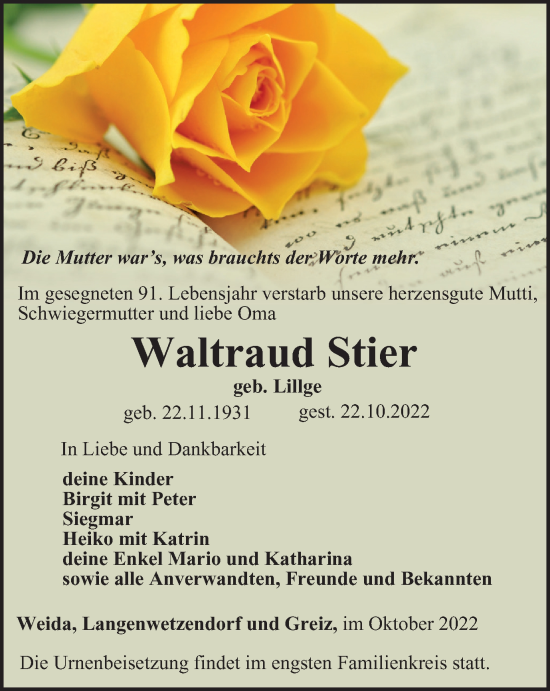 Traueranzeige von Waltraud Stier von Ostthüringer Zeitung