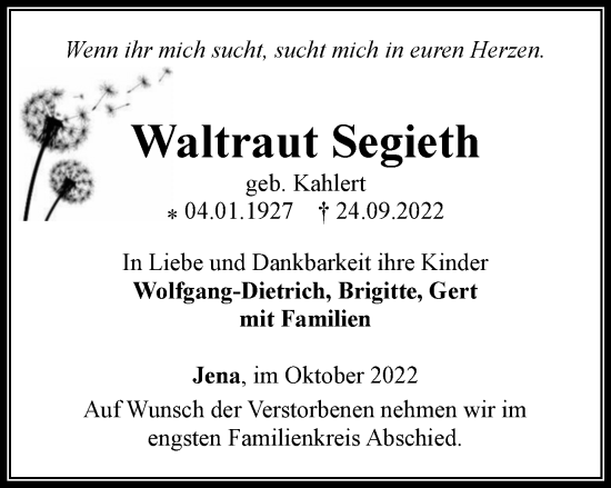 Traueranzeige von Waltraut Segieth von Ostthüringer Zeitung, Thüringische Landeszeitung