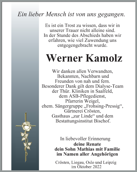 Traueranzeige von Werner Kamolz von Ostthüringer Zeitung