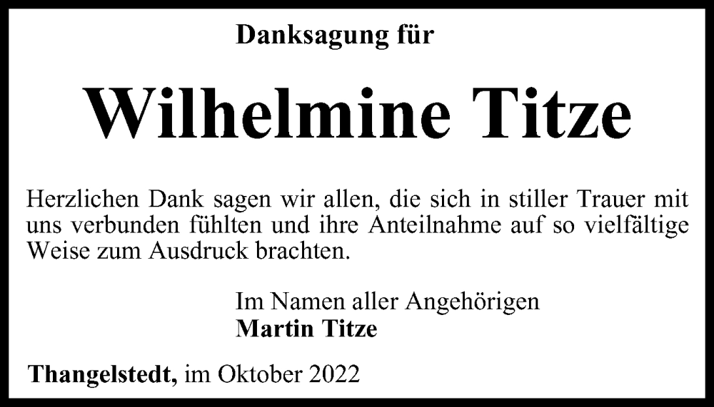  Traueranzeige für Wilhelmine Titze vom 01.10.2022 aus Thüringer Allgemeine, Thüringische Landeszeitung