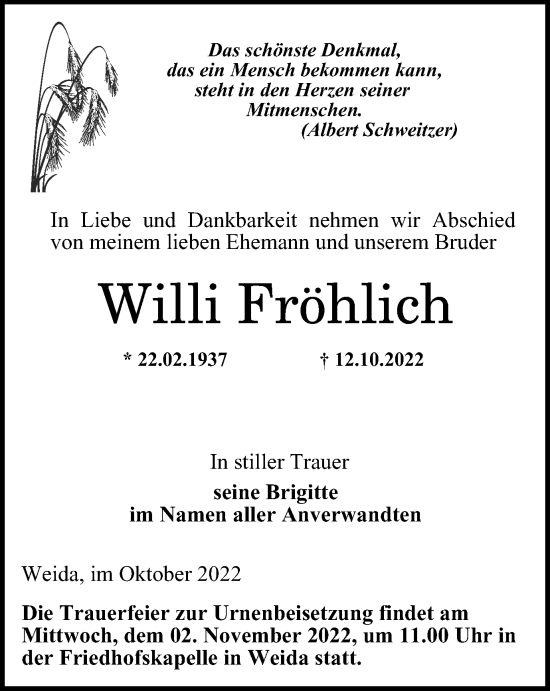 Traueranzeige von Willi Fröhlich von Ostthüringer Zeitung