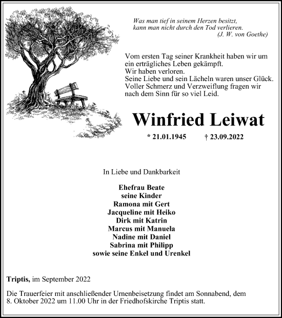 Traueranzeige von Winfried Leiwat