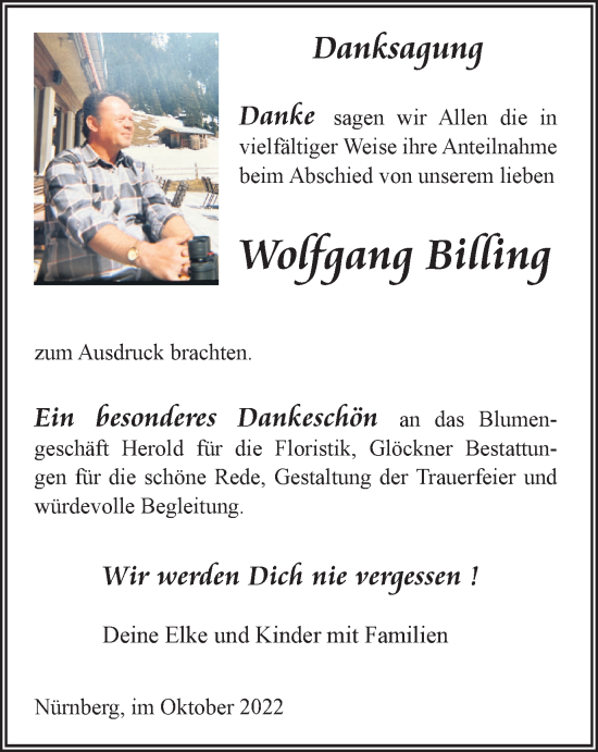 Traueranzeige von Wolfgang Billing von Ostthüringer Zeitung