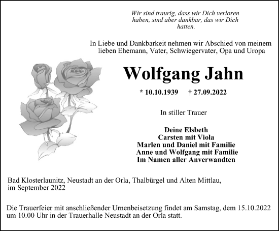 Traueranzeige von Wolfgang Jahn