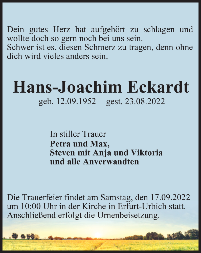  Traueranzeige für Hans Joachim Eckardt vom 10.09.2022 aus Thüringer Allgemeine, Thüringische Landeszeitung