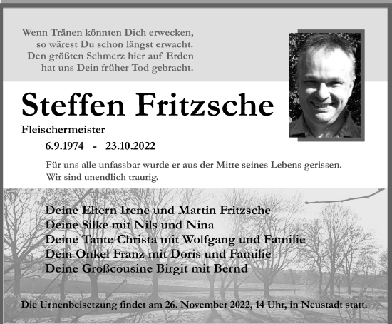 Traueranzeige von Steffen Fritzsche von Ostthüringer Zeitung