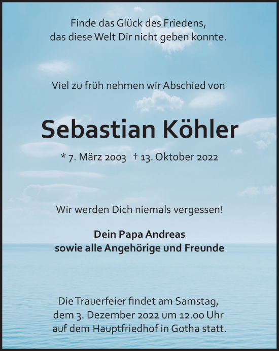 Traueranzeige von Sebastian Köhler von Thüringer Allgemeine, Thüringische Landeszeitung