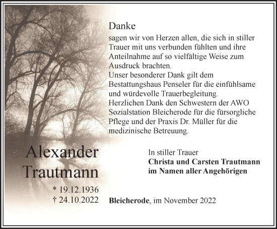 Traueranzeige von Alexander Trautmann von Thüringer Allgemeine