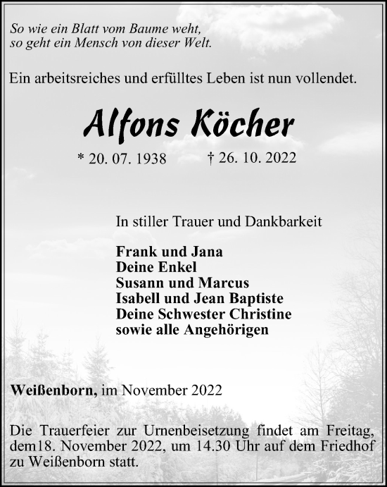 Traueranzeige von Alfons Köcher von Ostthüringer Zeitung