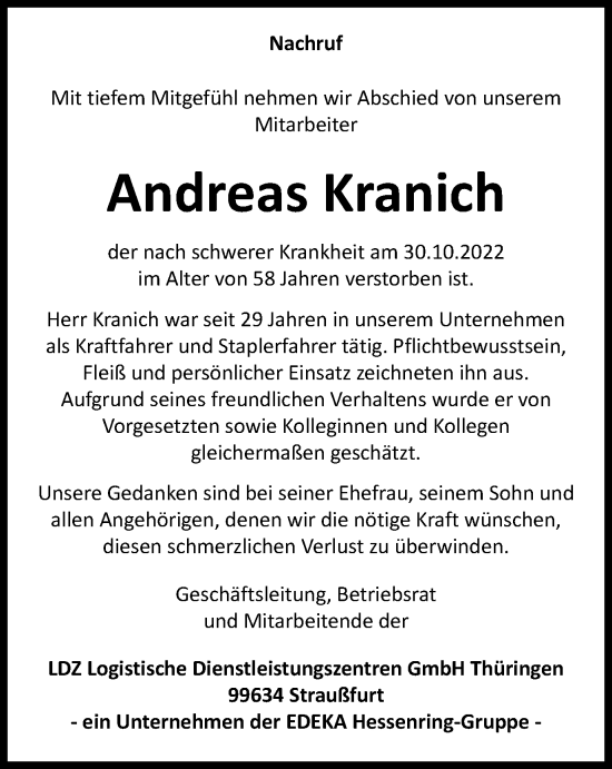 Traueranzeige von Andreas Kranich