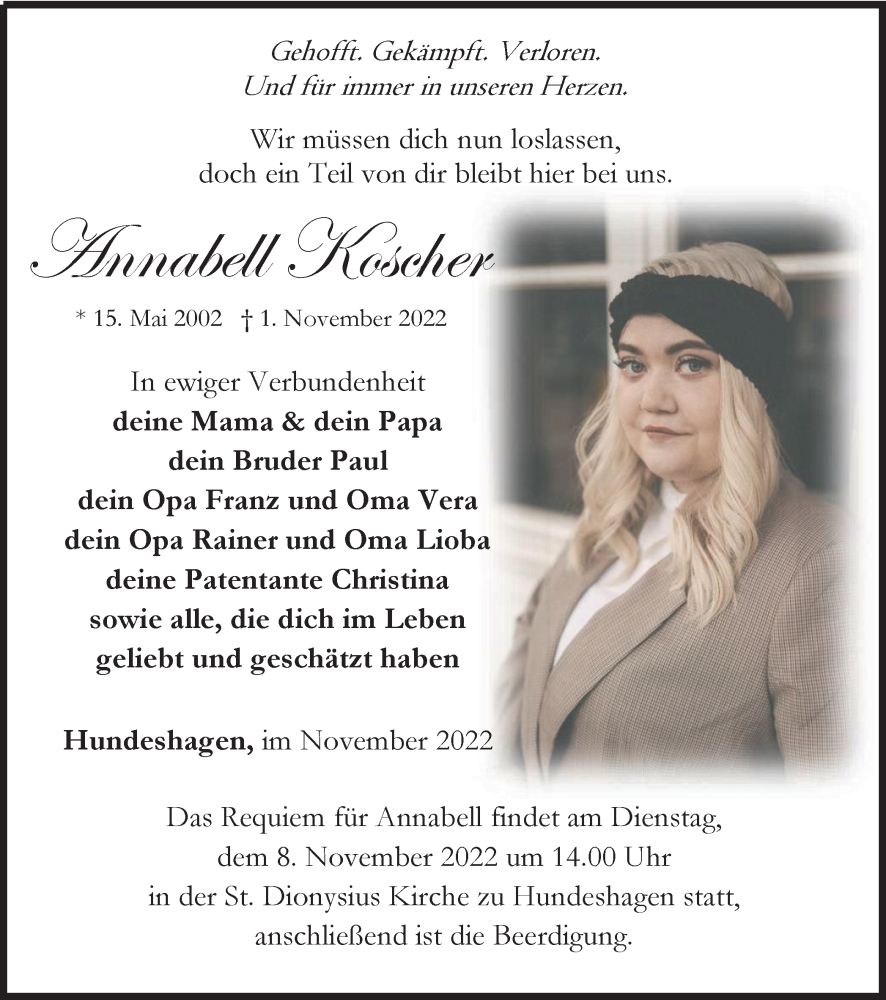  Traueranzeige für Annabell Koscher vom 05.11.2022 aus Thüringer Allgemeine