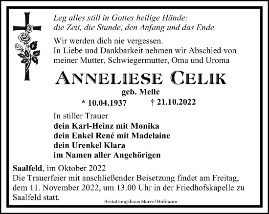 Traueranzeige von Anneliese Celik