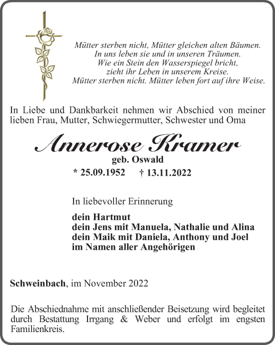 Traueranzeige von Annerose Kramer von Ostthüringer Zeitung