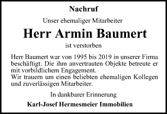 Traueranzeige von Armin Baumert von Ostthüringer Zeitung