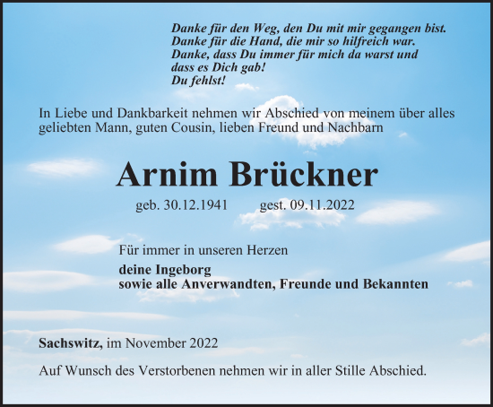 Traueranzeige von Arnim Brückner von Ostthüringer Zeitung
