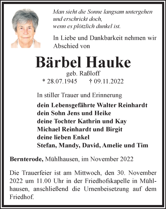 Traueranzeige von Bärbel Hauke von Thüringer Allgemeine