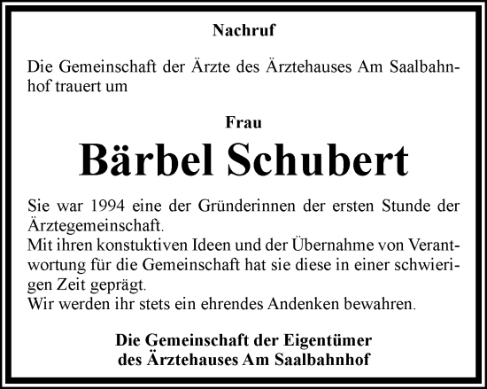 Traueranzeige von Bärbel Schubert von Ostthüringer Zeitung, Thüringische Landeszeitung