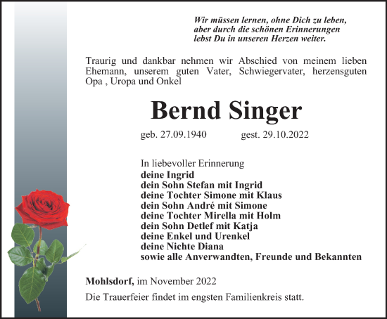 Traueranzeige von Bernd Singer von Ostthüringer Zeitung