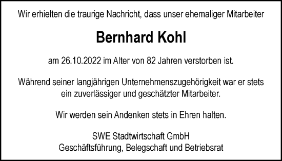 Traueranzeige von Bernhard Kohl