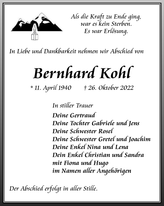 Traueranzeige von Bernhard Kohl