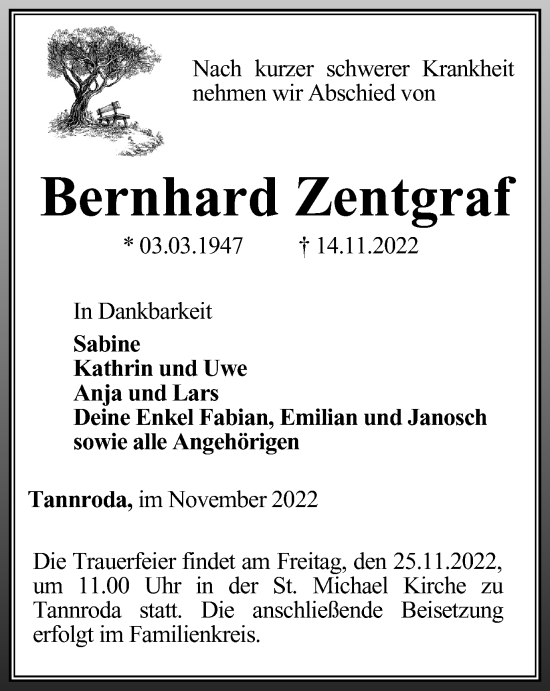 Traueranzeige von Bernhard Zentgraf von Thüringer Allgemeine, Thüringische Landeszeitung