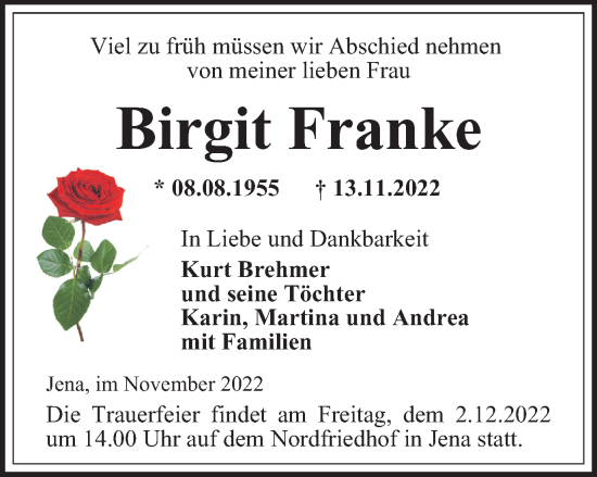 Traueranzeige von Birgit Franke von Ostthüringer Zeitung, Thüringische Landeszeitung