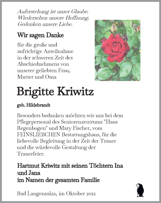 Traueranzeige von Brigitte Kriwitz von Thüringer Allgemeine, Thüringische Landeszeitung