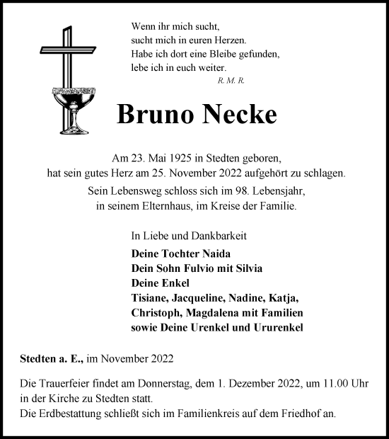 Traueranzeige von Bruno Necke von Thüringer Allgemeine, Thüringische Landeszeitung
