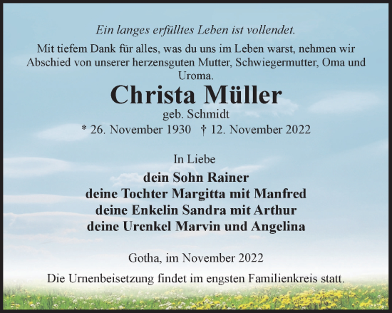 Traueranzeige von Christa Müller von Thüringer Allgemeine, Thüringische Landeszeitung