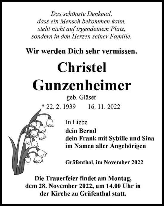 Traueranzeige von Christel Gunzenheimer von Ostthüringer Zeitung