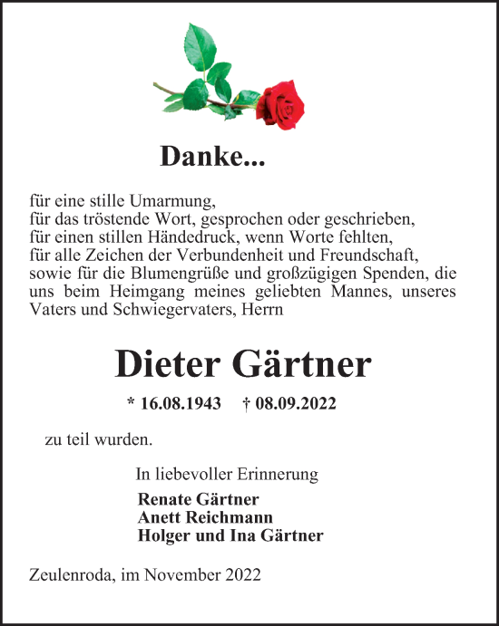 Traueranzeige von Dieter Gärtner von Ostthüringer Zeitung