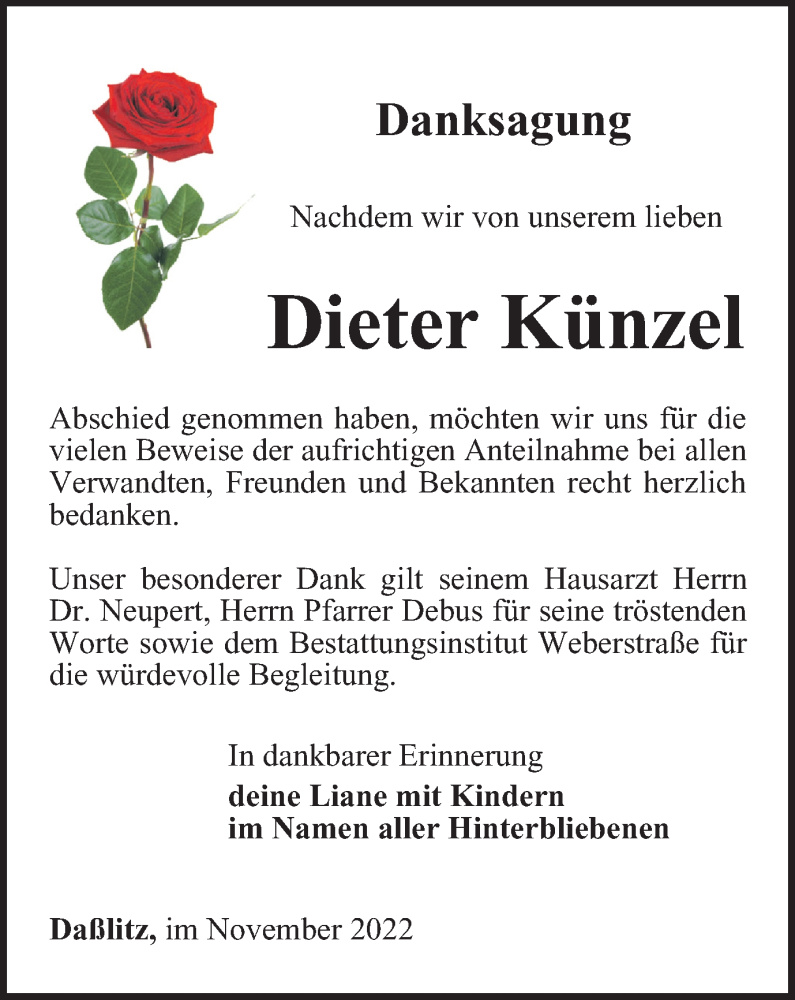  Traueranzeige für Dieter Künzel vom 11.11.2022 aus Ostthüringer Zeitung