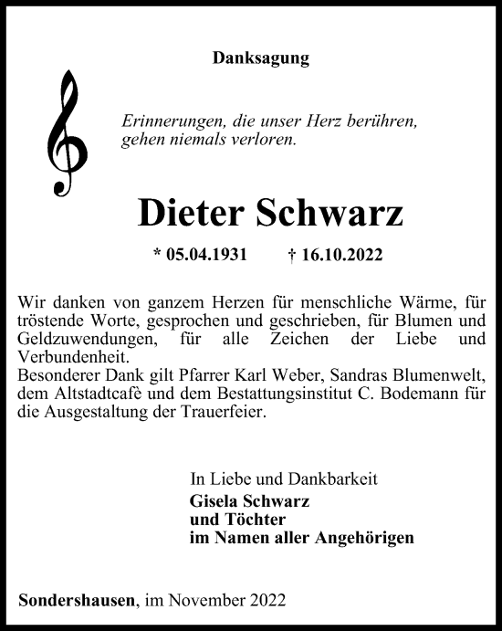 Traueranzeige von Dieter Schwarz