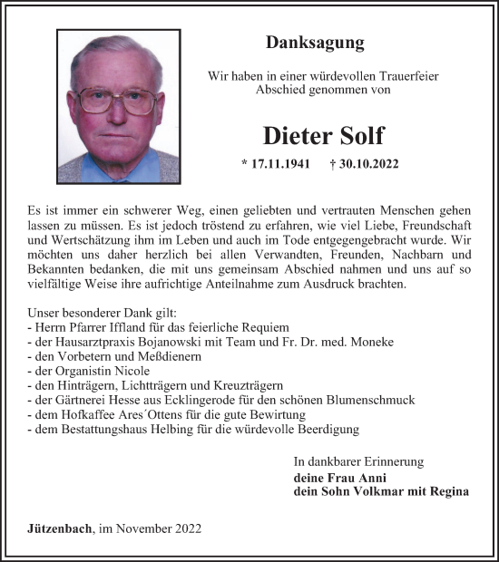 Traueranzeige von Dieter Solf von Thüringer Allgemeine