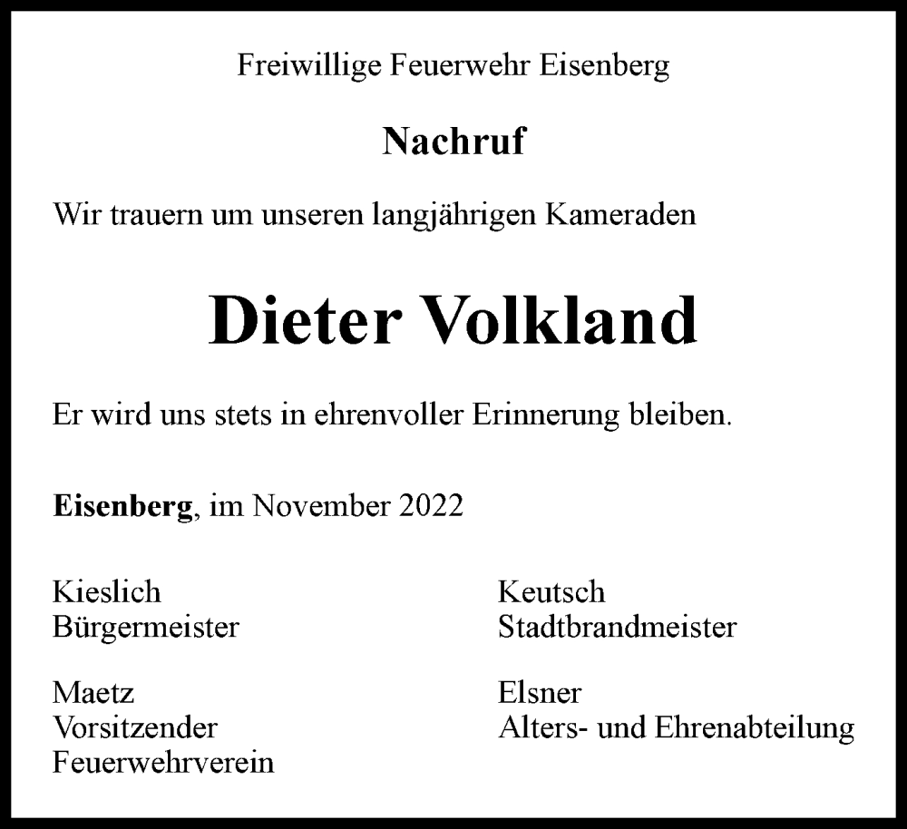  Traueranzeige für Dieter Volkland vom 17.11.2022 aus Ostthüringer Zeitung