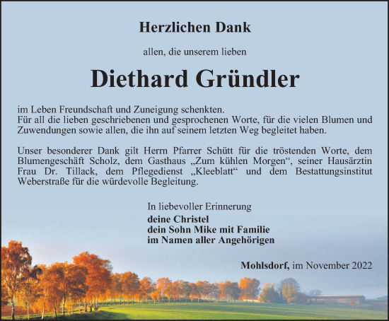 Traueranzeige von Diethard Gründler von Ostthüringer Zeitung