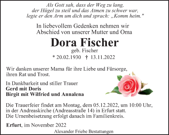 Traueranzeige von Dora Fischer von Thüringer Allgemeine, Thüringische Landeszeitung
