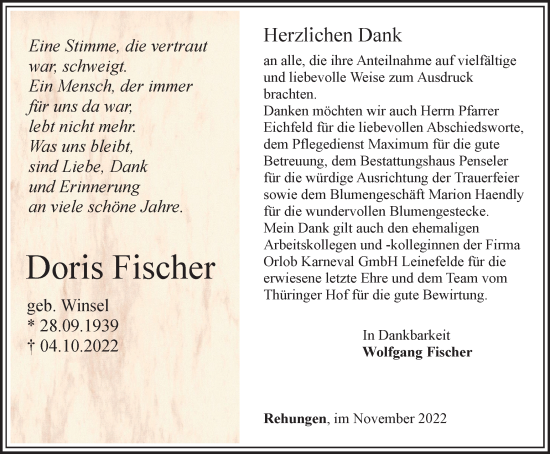 Traueranzeige von Doris Fischer von Thüringer Allgemeine
