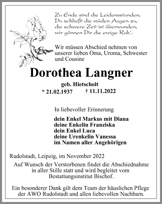Traueranzeige von Dorothea Langner von Ostthüringer Zeitung