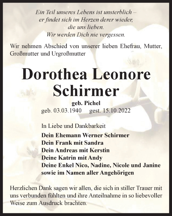 Traueranzeige von Dorothea Schirmer von Ostthüringer Zeitung
