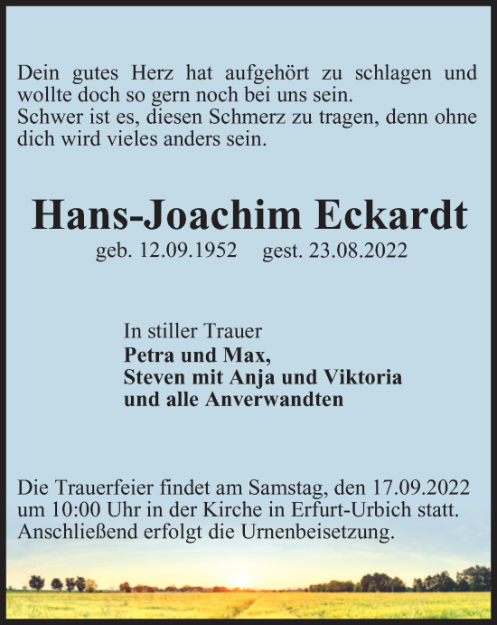 Traueranzeige von Hans Joachim Eckardt von Thüringer Allgemeine, Thüringische Landeszeitung